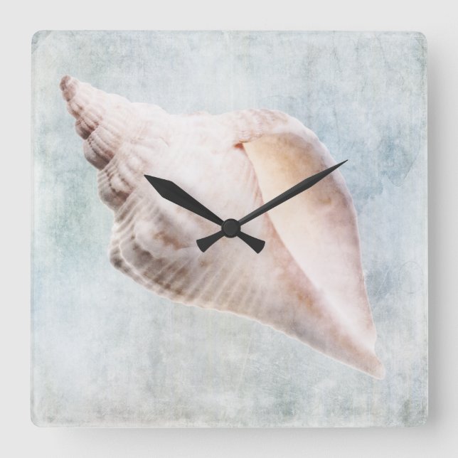 Seashell Distressed Coastal Blue Cream Watercolor Square Wall Clock (Front)