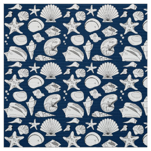 Seashell Drawing White Navy Blue  Nautical Fabric