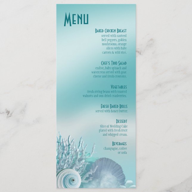 Seashell Dreams Beach Wedding Menu aqua (Front)