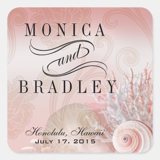 Seashell Dreams Beach Wedding pink Square Sticker (Front)