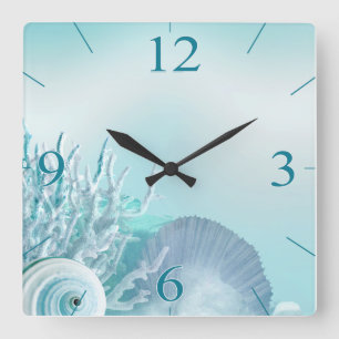 Seashell Dreams Tropical Beach   aqua Square Wall Clock
