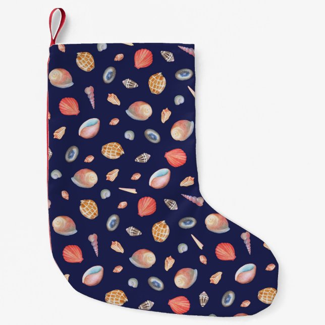 Seashell Elegance: Summer Blue Pattern. Small Christmas Stocking (Front)