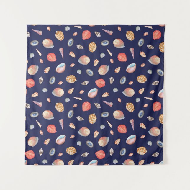 Seashell Elegance: Summer Blue Pattern. Tapestry (Front)