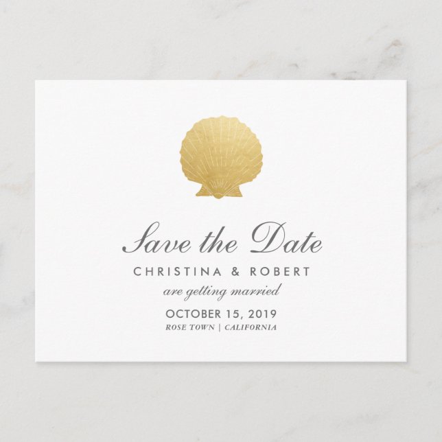 Seashell Faux Gold Foil | Ocean Save The Date Announcement Postcard (Front)