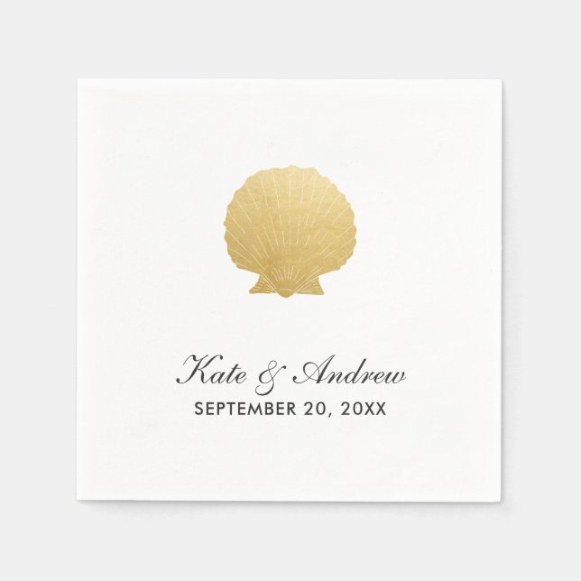 Seashell Faux Gold Foil | Ocean Wedding Napkin (Front)