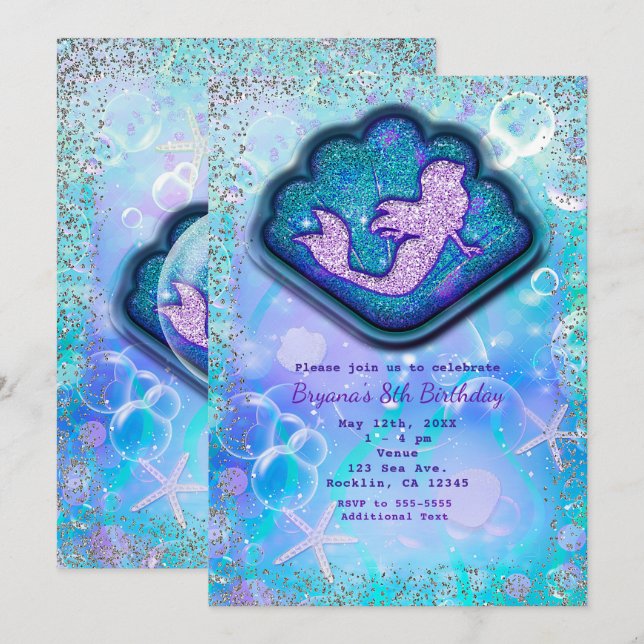 Seashell Fit for a Mermaid Glitter Birthday Party Invitation (Front/Back)