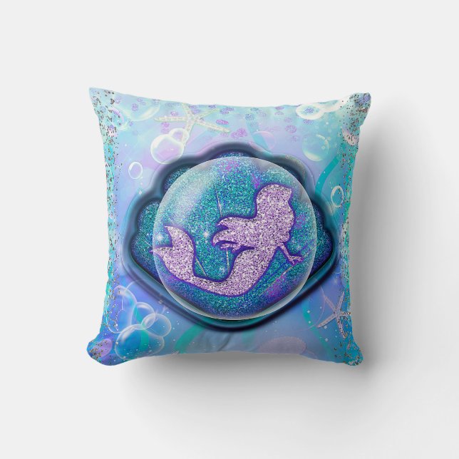 Seashell Fit for a Mermaid Glitter Girls Magical Cushion (Front)