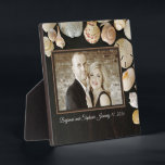 Seashell Frame Newlywed Photo Display Plaque<br><div class="desc">Newlywed photo gift idea. This standing photo frame with seashells and dark wood background (not real wood or shells, photo only) can be personalised with a photo of the couple and one line of text. Horizontal 8 by 10 size, the photo is printed onto the plaque and made to look...</div>