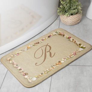 Seashell Frame on Beach Sand with Monogram Bath Mat