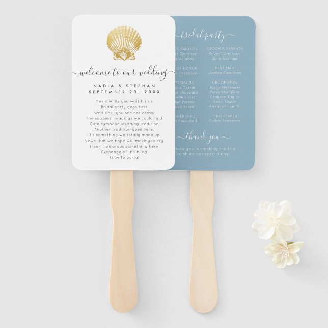 Seashell Gold Dusty Blue Beach Wedding Program Fan (Front and Back)