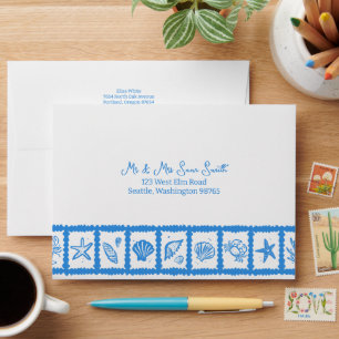Seashell Grid Beach Wedding Blue White CUSTOM Envelope