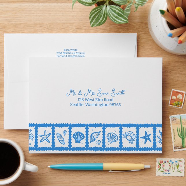 Seashell Grid Beach Wedding Blue White CUSTOM  Envelope (Desk)