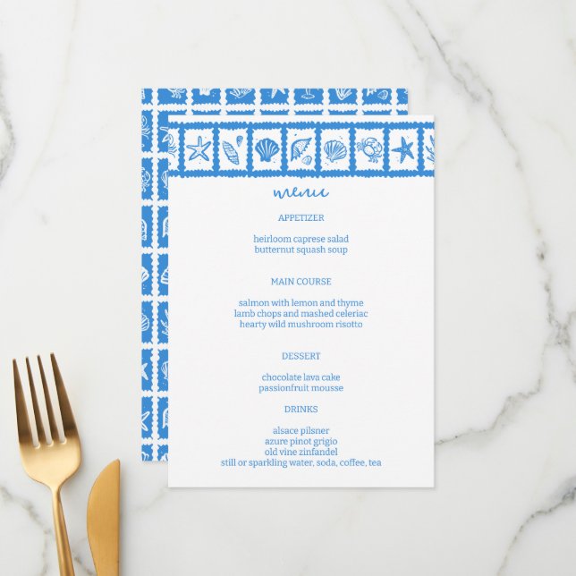Seashell Grid Beach Wedding Blue White CUSTOM  Menu (Front/Back In Situ)