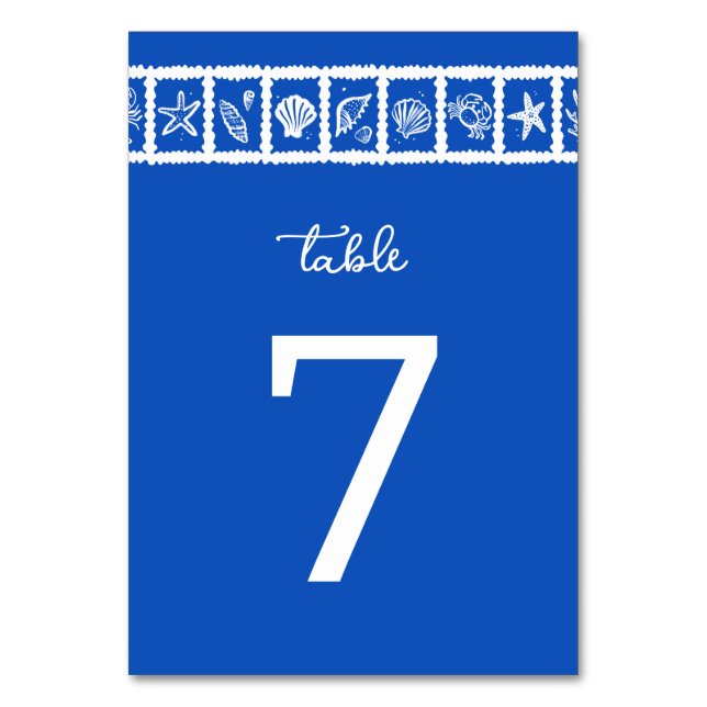 Seashell Grid Beach Wedding Blue White CUSTOM  Table Number (Front)