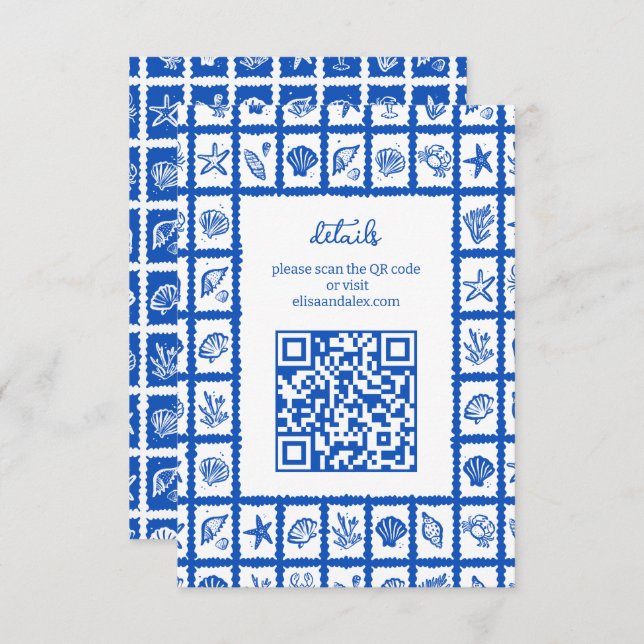 Seashell Grid Beach Wedding CUSTOM QR Code Enclosure Card (Front/Back)