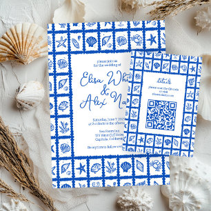 Seashell Grid Beach Wedding CUSTOM QR Code Enclosure Card