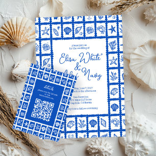 Seashell Grid Beach Wedding CUSTOM QR Code Enclosure Card