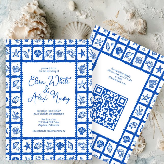 Seashell Grid Beach Wedding CUSTOM QR Code Invitation (Seashell Grid Beach Wedding CUSTOM QR Code Invitation
)