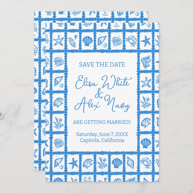 Seashell Grid Beach Wedding CUSTOM QR Code Save The Date (Front/Back)