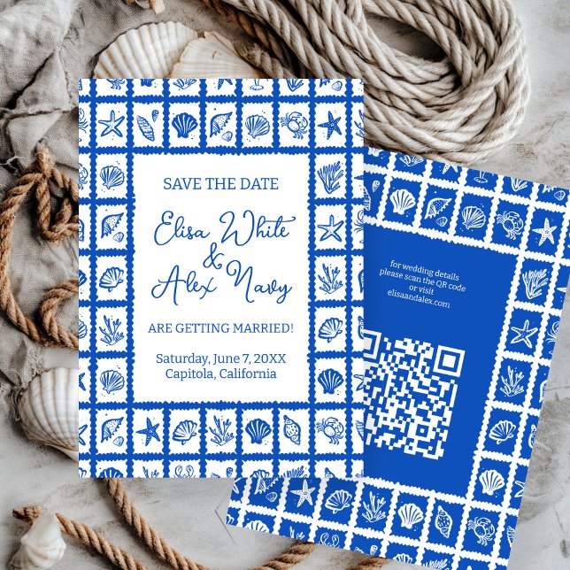 Seashell Grid Beach Wedding CUSTOM QR Code Save The Date (Seashell Grid Beach Wedding CUSTOM QR Code Save The Date
)