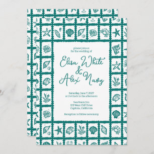 Seashell Grid Beach Wedding Green CUSTOM QR Code Invitation