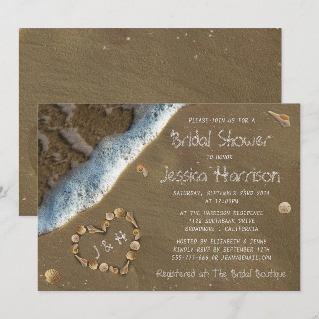 Seashell Heart Beach Bridal Shower Invitations (Front/Back)