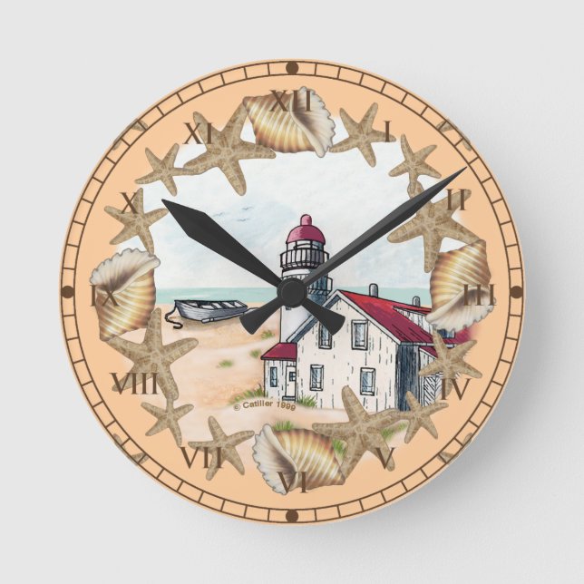Seashell Lighthouse Round Clock (Front)