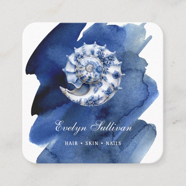 Seashell logo on blue watercolor business card (Front)