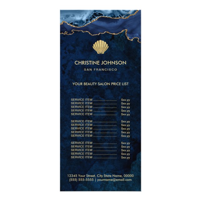 seashell logo price list on blue design rack card (Front)