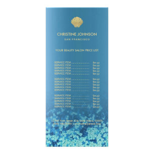 seashell logo price list on blue water rack card