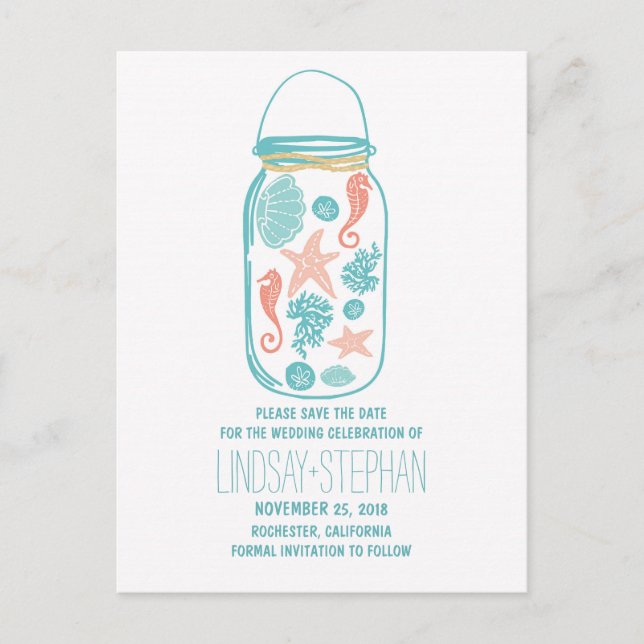 Seashell mason jar beach wedding save the date announcement postcard (Front)