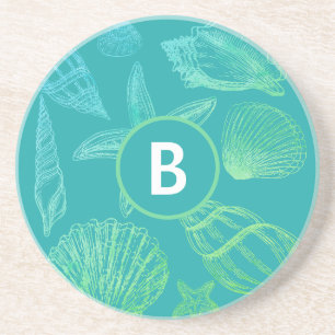 Seashell Monogram Name Blue Teal Beach Shell Round Coaster