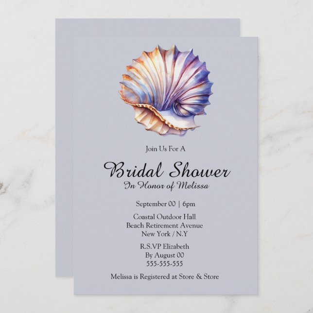 Seashell nautical beach bridal shower dusty blue invitation (Front/Back)
