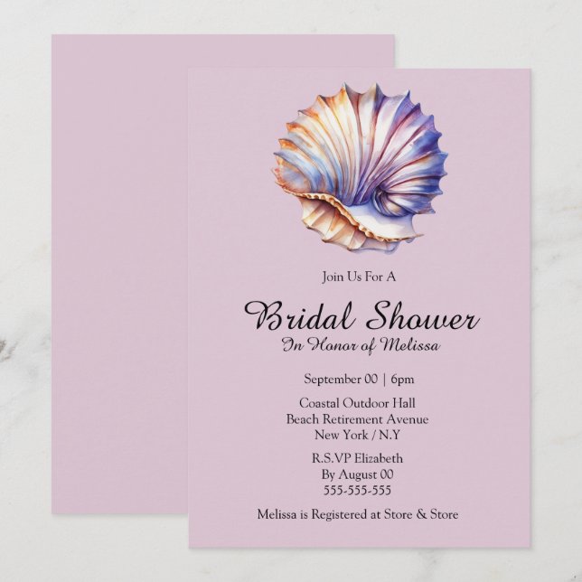 Seashell nautical beach bridal shower pink white invitation (Front/Back)