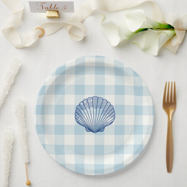 Seashell Nautical Blue Gingham Check Pattern Paper Plate (Wedding)