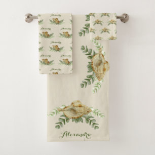 Seashell Nautical  Shells Eucalyptus Coastal  Bath Towel Set