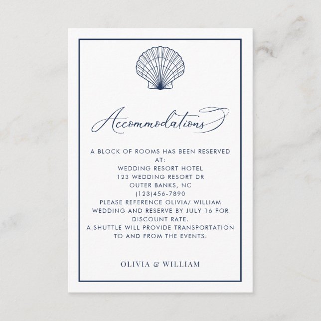 Seashell Navy Blue Beach Wedding Accommodations Enclosure Card (Front)