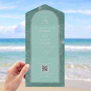Seashell Palm Aqua Beach Wedding QR Code RSVP All In One Invitation