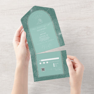 Seashell Palm Aqua Beach Wedding QR RSVP All In One Invitation