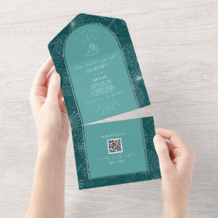 Seashell Palm Teal Beach Wedding QR Code RSVP All In One Invitation