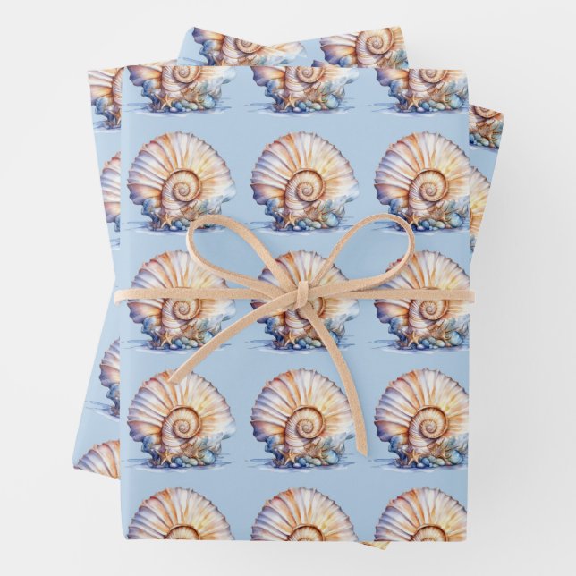 Seashell pattern blue ivory beach wedding wrapping paper sheet (In situ)