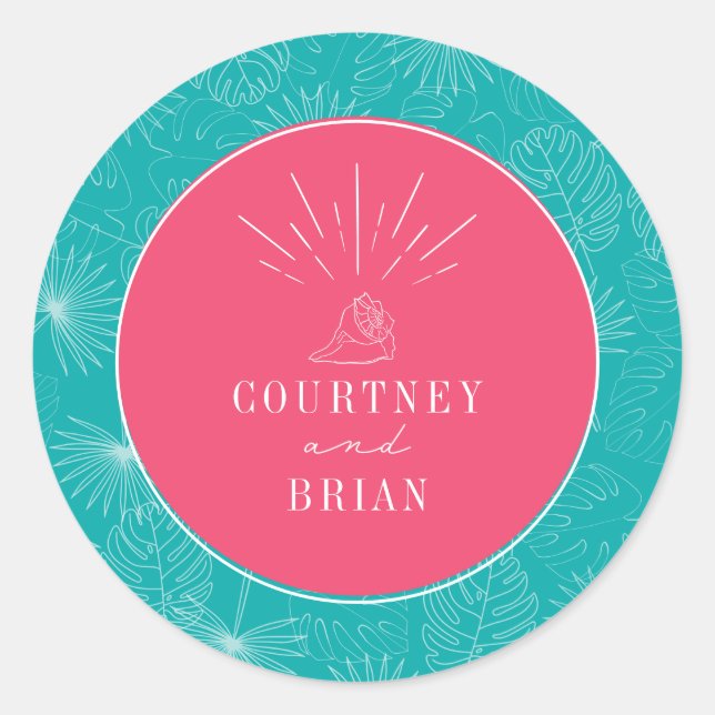 Seashell Pink & Blue Palm Tropical Beach Wedding Classic Round Sticker (Front)