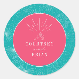 Seashell Pink & Blue Palm Tropical Beach Wedding Classic Round Sticker