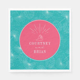 Seashell Pink & Blue Palm Tropical Beach Wedding Napkin