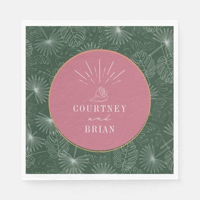 Seashell Pink & Green Palm Tropical Beach Wedding Napkin (Front)