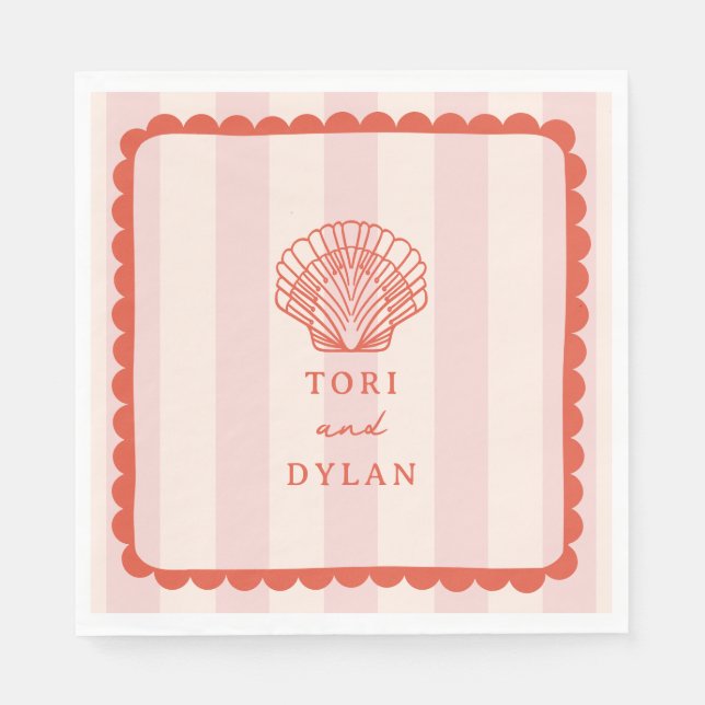 Seashell Pink Striped Tropical Beach Wedding Napkin (Front)