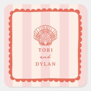 Seashell Pink Striped Tropical Beach Wedding Square Sticker