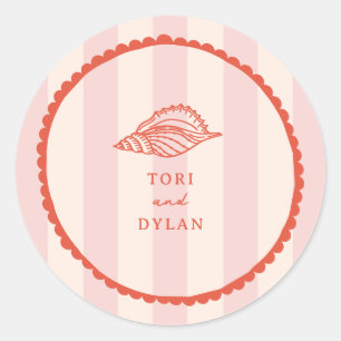 Seashell Pink Tropical Stripe Wedding Classic Round Sticker