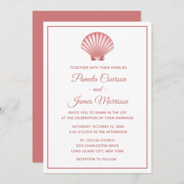 Seashell Pink White Wedding Shells Summer Beach Invitation (Front/Back)