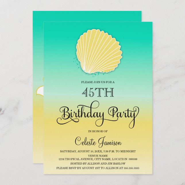 Seashell Sand and Sea Colour Ombre Birthday Party Invitation (Front/Back)